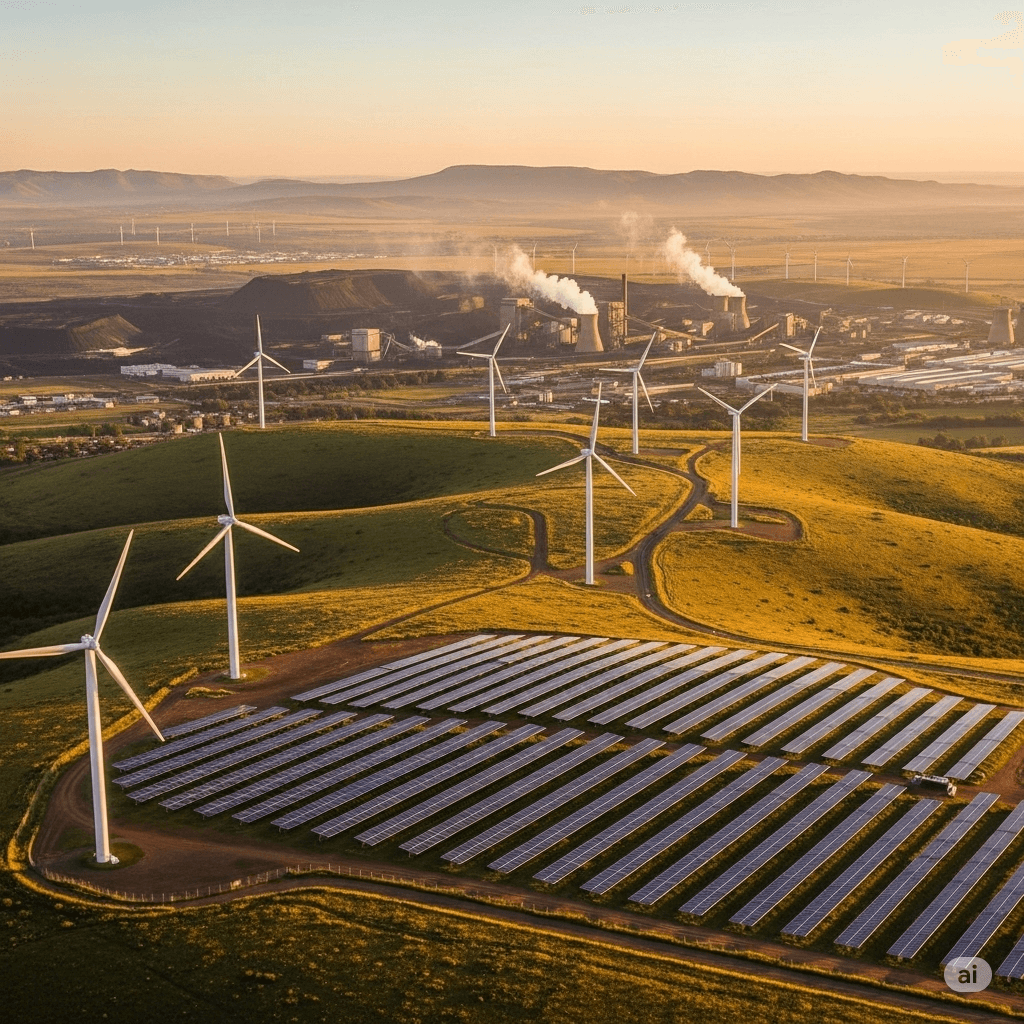 South African landscape with renewable energy infrastructure against backdrop of traditional mining operations