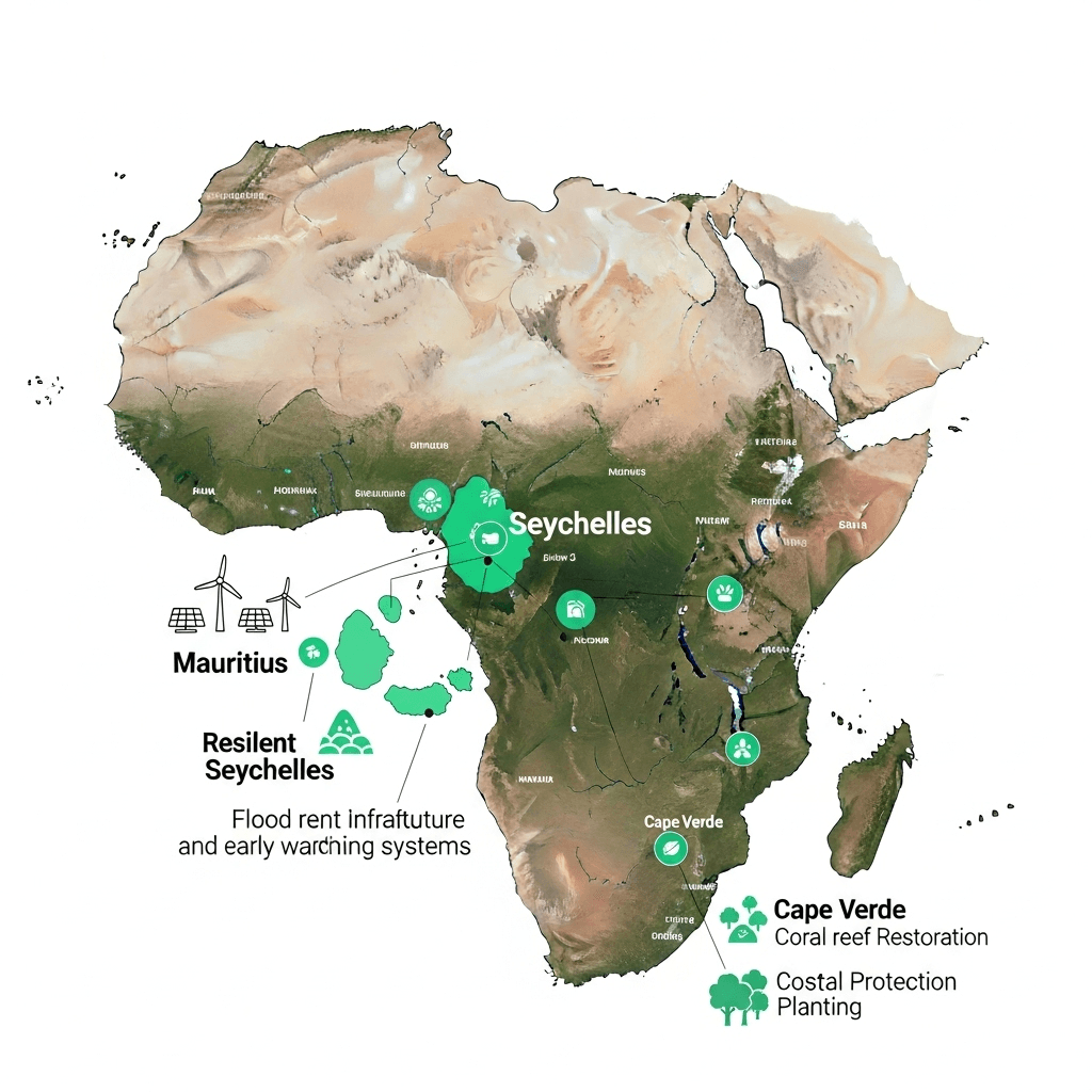 Coastal landscape of a climate-ready African island nation showing sustainable development